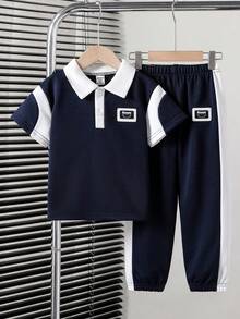 SHEIN Streecool Kids 男童休闲Polo衫长裤套装（2件套），宽松版型，撞色设计，适合日常、休闲、度假、聚会、街头风格等场合。 - 藏蓝色 - 查看 3