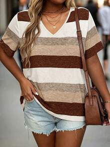 EMERY ROSE Plus-Size Women's Clothing: V-Neck Striped Casual & Comfortable T-Shirt - Multicolor - View 3