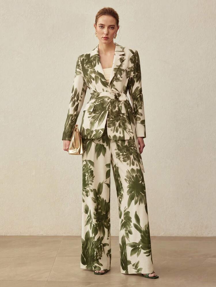LINEN FLORAL PRINT MINIMALIST WIDE LEG SUIT PANTS, SPRING/SUMMER