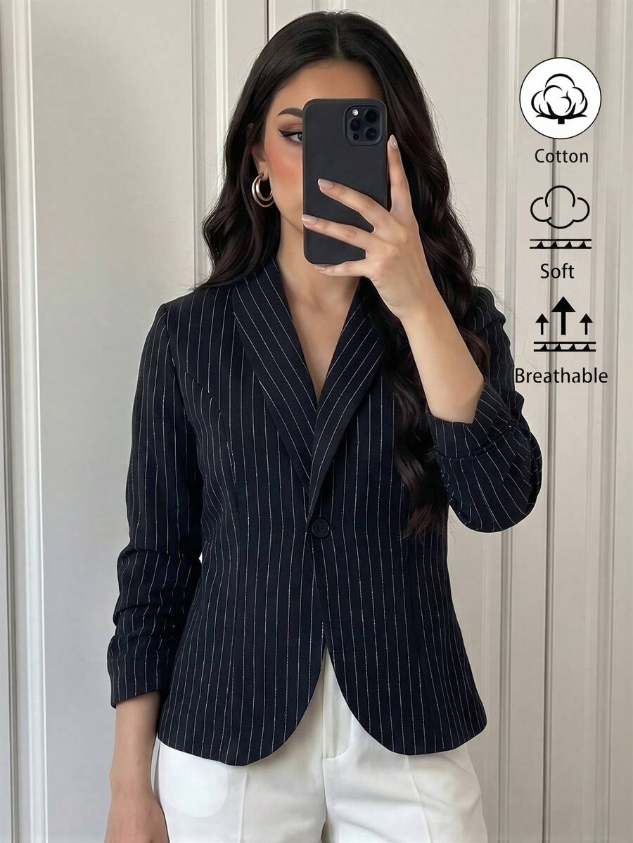 Elenzga Áo blazer nữ tay lỡ 3/4 cổ bẻ, eo thắt, chất liệu cotton kẻ sọc, kiểu dáng thường ngày. - màu đen - Xem 1