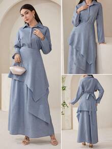 Veilorie Women's Solid Color Long Sleeve Single-Breasted Shirt And Midi Skirt Arabic Style Set Teachers' Day Golf Pastal Autumn Sexy - Blue - View 10