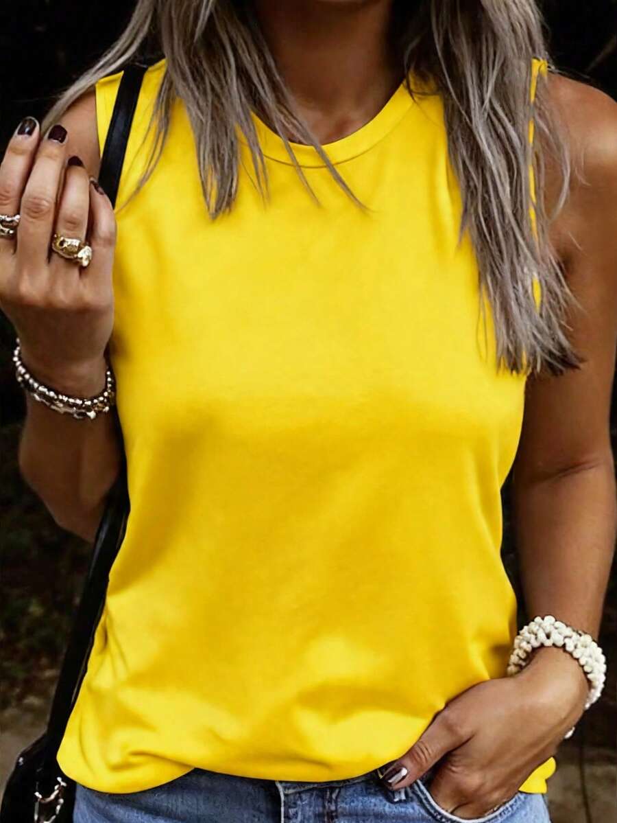 EMERY ROSE Women's Casual Solid Color Round Neck Tank Top, Versatile For Summer - Yellow - View 1