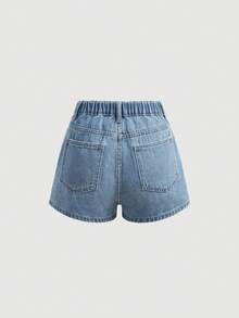 SHEIN 少女白色蝴蝶结刺绣蓝色牛仔迷你裙 - 中等水洗藍 - 查看 6
