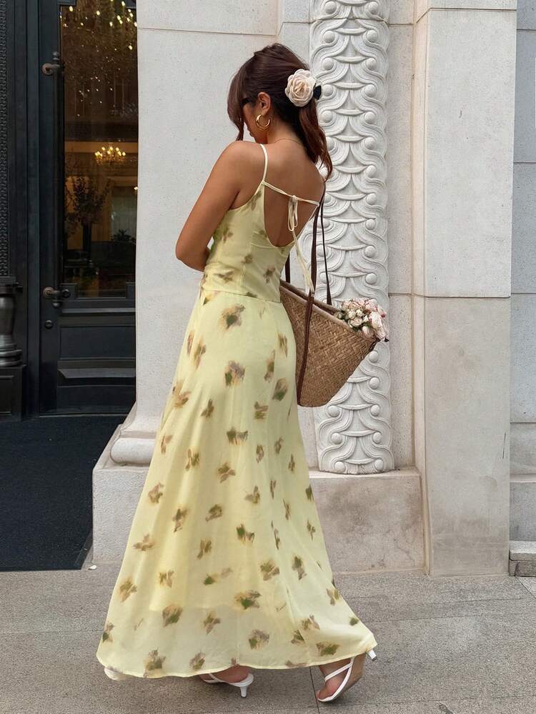 Women's V-Neck Yellow Floral Print Casual Beach Dress, Suitable For Spring & Summer