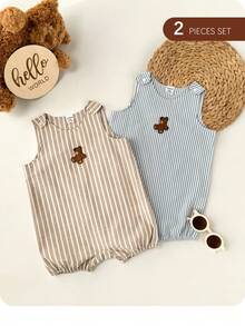 2pcs/Set Newborn Baby Boys Cute Poplin Solid Color Vest & Overall, Summer - Multicolor - View 9
