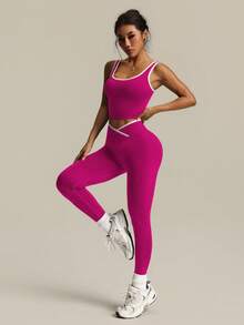 Easithlete Easithlete Conjunto deportivo de mujer con colores contrastantes para yoga - Rojo violeta - Ver 6