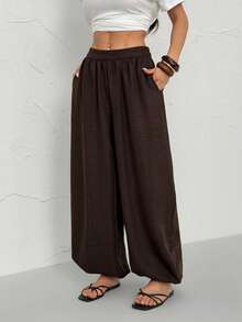 SHEIN PETITE Linen Bermuda Shorts, Linen Solid Color Knee-Length Shorts With Side Pockets, High Waist And Loose Fit, Fashion Basics - Brown - View 6