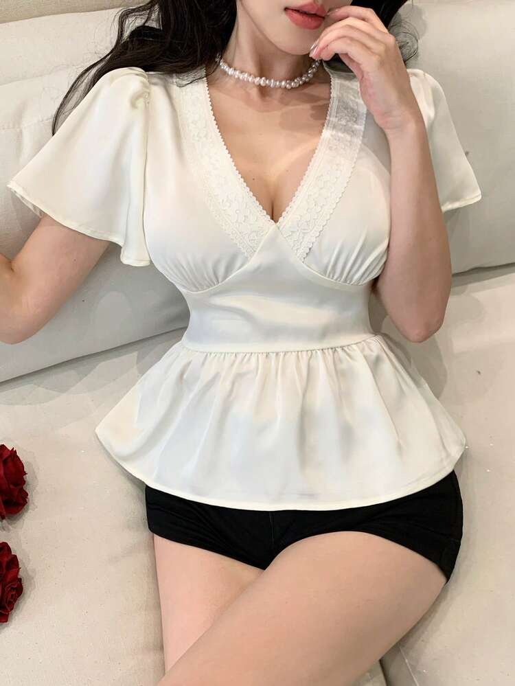 New Arrival Spring/Summer Pleated Woven Solid Color Elegant Commuter Versatile Fitted Women Blouse