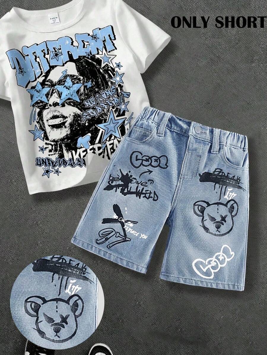 SHEIN 男童都市街头风 Y2K 做旧泰迪熊涂鸦印花水洗宽松蓝色牛仔百慕大短裤,春夏款,适合儿童男童春夏日常穿着、街头服饰、节日盛装、派对装、海滩装、毕业季装、休闲装、暑假装、印花牛仔短裤、短裤、4 岁男童短裤、休闲短裤、夏季短裤、男童短裤、牛仔短裤、印花短裤、儿童短裤 - 淺色水洗藍 - 查看 1
