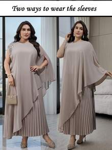 Modelyn Plus Size Women Elegant Poncho Sleeve Rhinestone & Faux Pearl Decor Irregular Hem Long Top And Pleated Skirt 2 Piece Set - Khaki - View 3