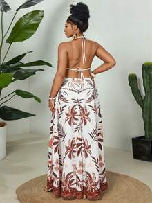 Maweii Gaun Kasual Ukuran Besar untuk Liburan, Motif Bunga, Leher Halter, Warna Cokelat untuk Olahraga Musim Panas - MultiWarna - View 2