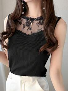 Áo vest nữ cổ tròn phối ren tương phản, kiểu dáng thường ngày. - màu đen - Xem 8