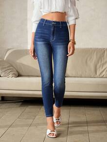 Selenza Jeans casuales de cintura alta y silueta ajustada con bordados para mujer - Azul - Ver 3