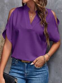Clasi Blusa de camisa blanca con hombros descubiertos y manga dividida - Morado - Ver 5