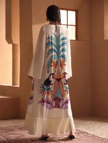 MOTF PREMIUM Áo khoác ngoài kimono họa tiết lá cọ và vẹt rừng mưa nhiệt đới đầy màu sắc, kiểu dáng mở phía trước, tay áo loe rộng, trang trí tua rua, thích hợp cho kỳ nghỉ. - Nhiều màu - Xem 3