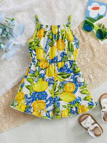 Baby Girl Lemon Print Ruffle Trim Romper, Comfortable & Cute, Suitable For Summer - Multicolor - View 2