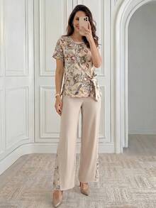 Miaspire 2 pièces Ensemble chemise à manches courtes et pantalon avec imprimé floral et ceinture à la taille, beige, été, élégant, brunch, tenues de vacances d'été et de festival, ensemble décontracté - Multicolore - Voir 5