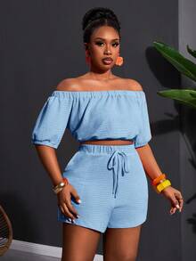 Slaydiva Conjunto de 2 peças Primavera/Verão Novo - Casual e Passeio e Férias e Passeio Diário e Festa e Encontro e Festival de Música e Jantar e Festa e Casual e Praia e Resort - Top Cropped de Manga Curta Ombro à Mostra Laranja Sólido Dopamina e Shorts Soltos com Bolso, Tecido de Textura de Malha, Plus Size - Azul petróleo - Visão 3