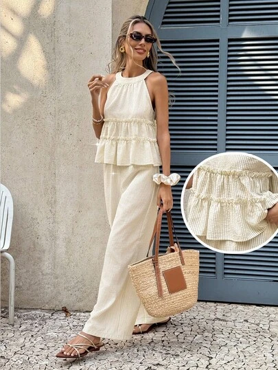 SHEIN PETITE CURVE Plus Size Women 2-Piece Pajama Set - Summer Sleeveless Ruffle Trim Top And Wide Leg Pants Set, Solid Color Backless Pleated Top And Wide Leg Pants Casual 2-Piece Outfit, Suitable For Summer, Spring, Holidays, Parties, Beach, Wedding, Graduation, Outings, Dances, Birthdays, Elegant, Vacation, Casual, Formal Occasions, Suitable For Summer, Daily Commute, Dating, Party, Christmas, New Year, Thanksgiving, Party, Wedding, Beach, Graduation Ceremony, Fashion, Elegant, Casual, Outing, Dating, Reservation, Commuting, Shiny, Valentine's Day, Elegant, Vacation, Casual, Y2K, Outing, Graduation Ceremony And Other Occasions.