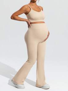 SHEIN Maternity Solid Color Sports Bra And Flare Pants Set,Word Cup - Khaki - View 7