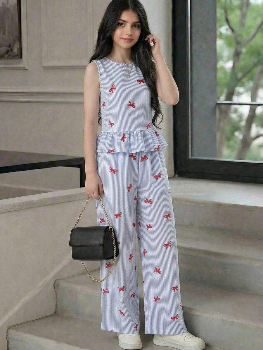 少女蓝白条纹无袖上衣,配木质纽扣和直筒裤,休闲度假套装,适合春夏假期、派对、优雅场合、返校季、户外家庭野餐、日常穿着。 - 藍白色 - 查看 1