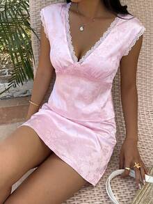 Women's Floral Lace Trim Blouse And Mini Skirt Fashion Date Outfit Set, Light Pink - Baby Pink - View 6