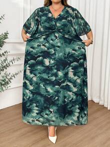 SHEIN CURVE+ 大码女式碎花扭结荷叶边下摆短袖优雅连衣裙 - 綠色 - 查看 5