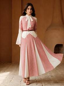 Anewsta Striped Flare Sleeve Tie Waist Design Women Long Dress - Red - View 6