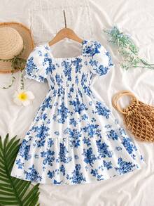 SHEIN Elladie kids 1件女童多巴胺度假碎花吊带连衣裙，可爱时尚沙滩裙，适合夏季外出和度假 - 藍白色 - 查看 4