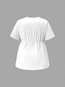 TaskEZ 2pcs V-Neck Waist Cinched Short Sleeve Top And Pants Plus Size Uniform Set, Cleaning Service Outfit - White - View 4