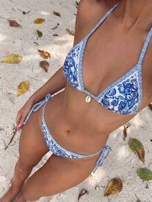 Của phụ nữ Hoa In Áo bikini dây đeo cổ - Xanh và trắng - Xem 4