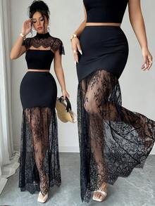 SHEIN Elenzya Chân váy midi đuôi cá thanh lịch, cạp cao, phối ren tương phản dành cho nữ. - màu đen - Xem 1