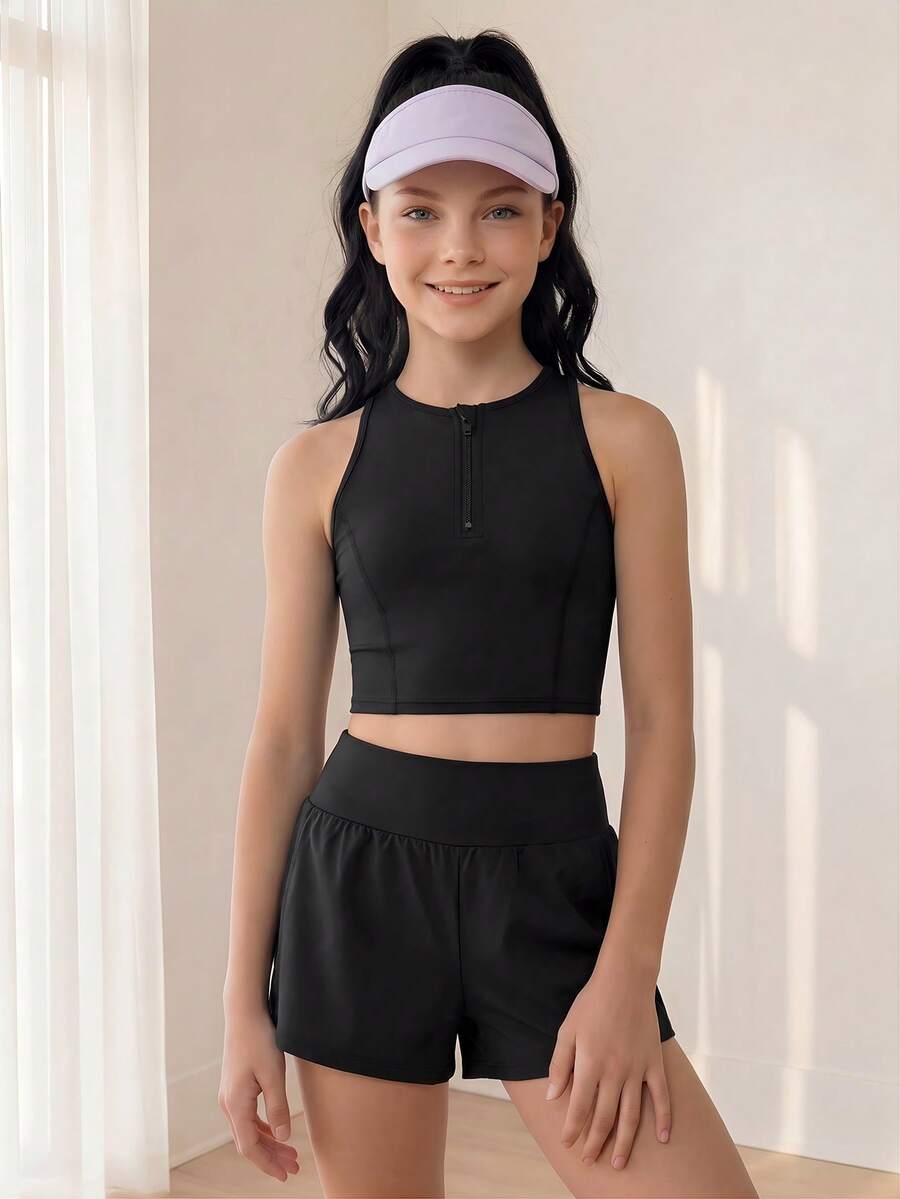 SHEIN 少女黑色半拉链背心和短裤运动套装 – 高弹力配套运动服，露脐上衣适合居家训练、户外慢跑和休闲运动。 - 黑色 - 查看 1