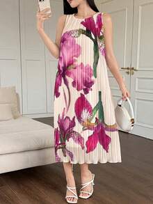 xheDAZY Vestido midi recto de mujer con pliegues y estampado floral elegante, vestido de invitada de boda de veranoxhe - Rosa - Ver 4