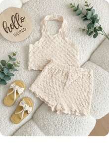 SHEIN Babygirl Casual Solid Color Textured Elastic Halter Neck Tank Top And Elastic Waist Shorts Set - Apricot - View 1