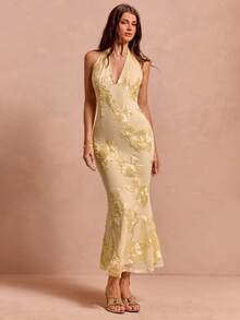 Enchnt Abito elegante da donna con vita svasata, ricamo floreale 3D e laccetti, stile fishtail per l'estate - Giallo - Visualizzare 4
