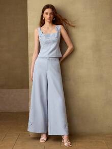 MOTF PREMIUM 女士刺绣阔腿西装裤，休闲约会装，春夏款 - 藍色 - 查看 1