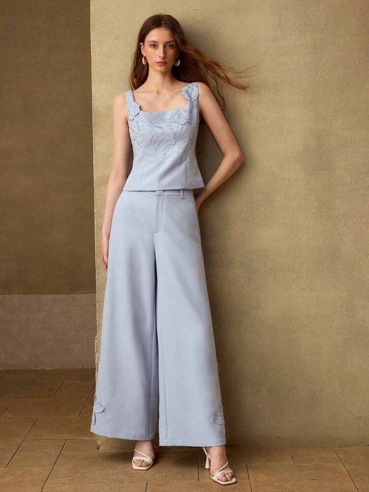 WOMEN'S EMBROIDERED WIDE LEG SUIT PANTS, CASUAL & DATE WEAR, SPRING/SUMMER