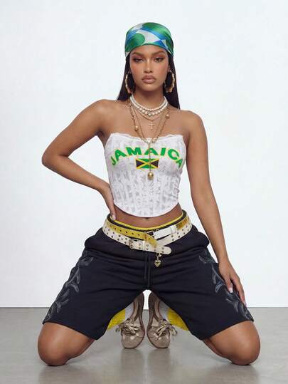 Gowayae Gowayae Áo croptop thể thao không tay phối ren chữ cái thời trang mùa hè cho nữ, áo thun in chữ chữ cái phong cách Y2K mùa xuân hè cho nữ, áo phối ren, áo in chữ và cờ Jamaica mùa hè.