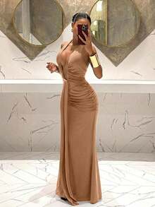 Slaydiva 2025新款优雅深V领美人鱼连衣裙，适合派对、生日、酒吧、夜店、情人节、万圣节、圣诞节等场合 - 棕色 - 彩色 - 查看 3