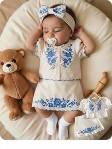 Travachic KIDS Travachic KIDS 女嬰可愛花卉印花短袖上衣與迷你裙套裝，休閒度假穿搭 - 白色 - 查看 2