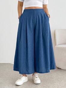 Comfortable And Loose-Fitting Elastic-Waist Pleated Shorts/Skirts, A Basic And Versatile Style For Everyday Wear, Flattering The Figure, In Apricot Color, For Plus-Size Women, For Spring/Summer - Blue 2 - View 4