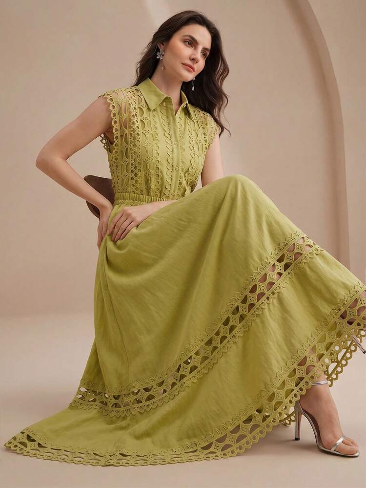 Women's New Yellow-Green Hollow Floral Splice Sleeveless Shirt & Flared Skirt 2 Pieces Set, Versatile For Vacation