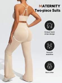 SHEIN Maternity Solid Color Sports Bra And Flare Pants Set,Word Cup - Khaki - View 2