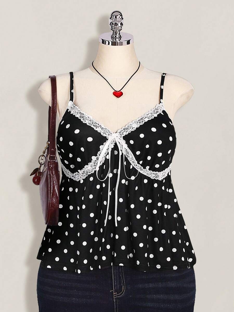 SHEIN ICON Plus Size Women's Black And White Polka Dot Contrast Lace Front Tie Camisole Date Night Summer 1950s Vintage - Black - View 1