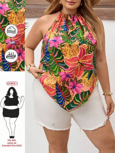 SHEIN CURVE+ 大码女式热带植物印花露背吊带背心