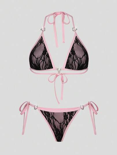 ROMWE Damen Gothic Dark Style Spitzen-Patchwork Herz-förmiger Strass Neckholder Rückenfrei Bikini Set, eleganter Strand-Urlaubs-Casual-Stil, Frühling/Sommer/Herbst