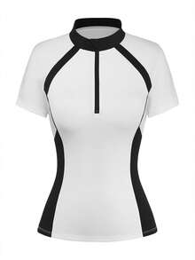 Easithlete Easithlete Contrast Color Patchwork Short Sleeve Fitted Equestrian Outfit - White - View 7