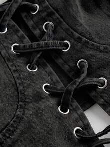 SHEIN MOD 女士牛仔抹胸上衣，休闲弹力系带卡其色，牛仔上衣，Y2K牛仔上衣，女士束身衣，可爱上衣，抹胸上衣，外出上衣，情人节露脐上衣，女士夏季上衣，夏季上衣，Y2K服装，情人节服装 - 黑色 - 查看 4
