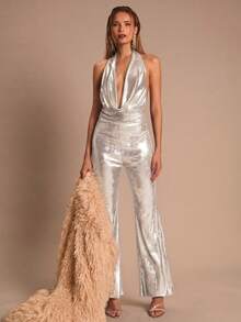 SHEIN Glamour 女士超低胸垂褶领口系带腰身性感露背喇叭裤连体裤 - 米色 - 查看 3